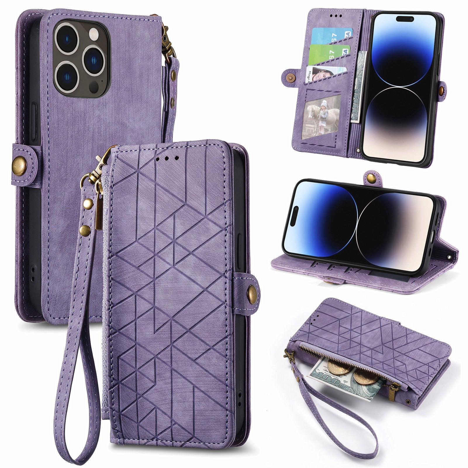 PU Leather Geometry Imprinted Case for iPhone 14 Pro Zipper Pocket Cell Phone Stand Wallet Cover PU Leather Geometry Imprinted Case for iPhone 14 Pro Zipper Pocket Cell Phone Stand Wallet Cover
